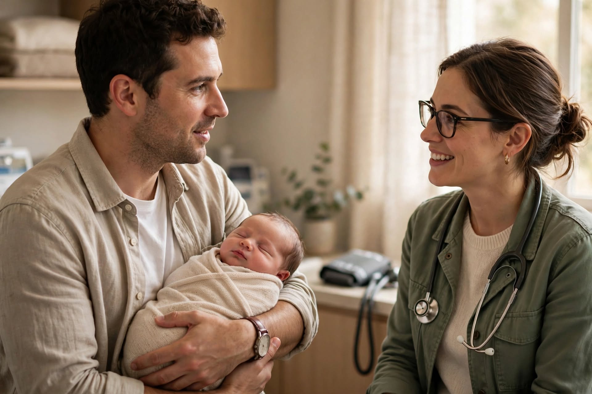 Baby chiropractor in Kitchener discussing infant chiropractic care with a parent
